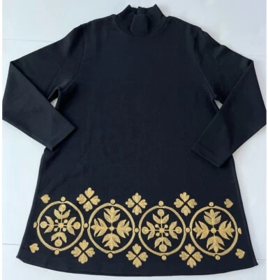 Andrea Jovine Wool Knit Tunic Sweater Women S Black Gold Print Mock Neck Slit - Изображение 1 из 4