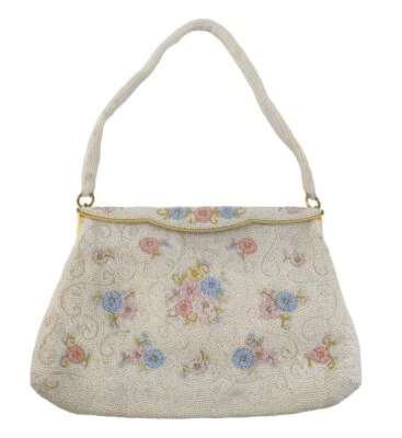 VTG 1930s C&M Caron Micro Beaded Purse Handmade in France White Pastel Flowers - Image 1 of 4