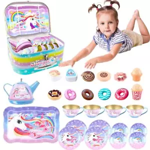 Kids Unicorn Tea Set With Tea Pot, Carry Box & Food Items Kitchen Pretend Games - Picture 1 of 12