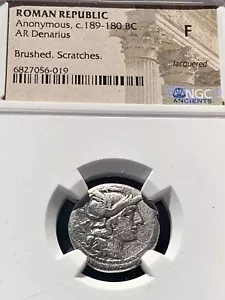 Repubblica Romana Anonimo AR Denario 189-180 a.C. Roma Dioscuri NGC F - Foto 1 di 6