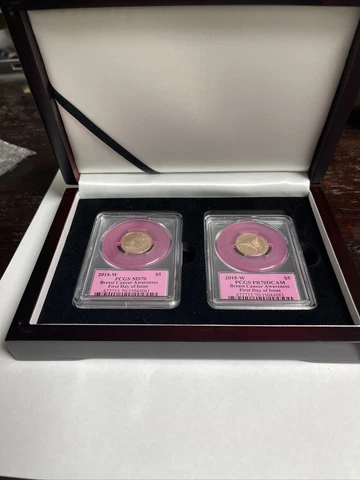 2018-W Set of 2 $5 Gold Coins PCGS MS70 / PR70DCAM Breast Cancer First day issue Cover