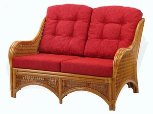 Lounge Loveseat Sofa Jam Natural Handmade Rattan w/Burgundy Cushions, Cognac - Picture 1 of 4