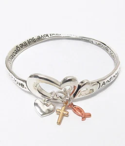 1 CORINTHIANS 13:13 And These Three Remain: Twisted Dual Heart 3 Charm Bangle - Picture 1 of 1