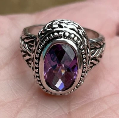 ✅ Anillo de imitación de amatista de tono plateado para hombre disfraz joyería de moda Foto 1 de 4