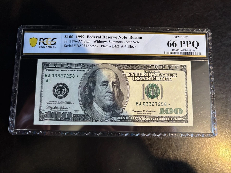 DBR 1999 $100 FRN Boston STAR Gem Fr. 2176-A* PCGS-B 66 PPQ Serial BA03327258* - Image 1 of 2