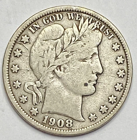 1908 Barber Half Dollar w/Original Surfaces & Fine/F Detail Obverse Scratches Cover