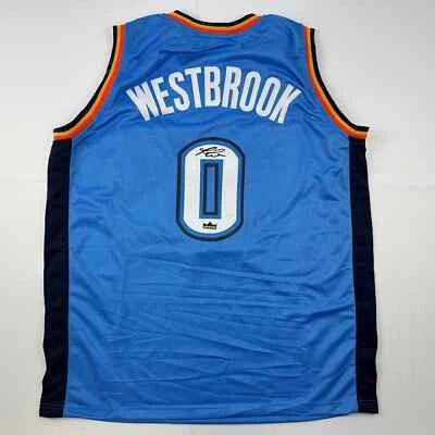 HOFSM.COM HALL OF FAME SPORTS MEMORABILIA Facsimile Autographed Russell Westbrook Oklahoma City Blue Reprint Jersey Men XL