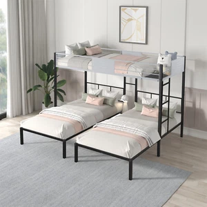 Twin Over Twin Over Twin Size Bunk Bed Metal Triple Bunk Bed Frame Black - Picture 1 of 20
