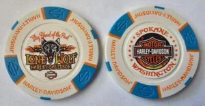 LONE WOLF HARLEY-DAVIDSON Spokane WA Full Color White/Aqua Poker Chip - Bild 1 von 3