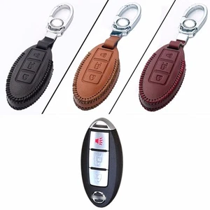 New Leather 3 Button Remote Key Bag Case Fob Holder Chain For Nissan Series A - Picture 1 of 4