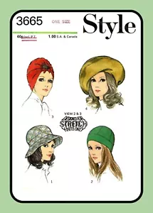4 HATS Turban, Bucket, Cap, Large Beret Style 3665 Vtg 1972Craft Sewing Pattern - Picture 1 of 5