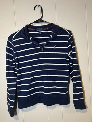 Suéter Polo Ralph Lauren Niños Cuarto Cremallera Talla M 10-12 Azul Marino Blanco Rayas  Foto 1 de 4
