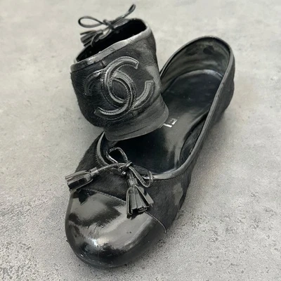 Raro Zapatos de Ballet Chanel Coco Mark Cuero de becerro Planos Negros Auténticos US6 Foto 1 de 4