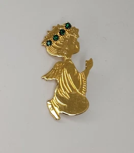 Gold Tone Angel Pin Brooch Green Rhinestone Halo Praying Christmas Jewelry Gift - Picture 1 of 10