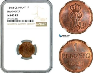 AK690, Germany, Hannover, Ernst August, 1 Pfennig 1848 B, NGC MS65RB - Picture 1 of 1