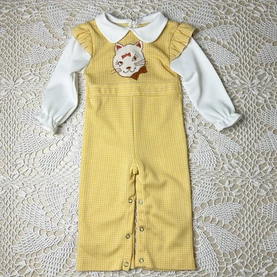 Винтажный 1970-х годов девочки 9-12 месяцев желтый Gingham китч Kitty комбинезон комбинезон - Изображение 1 из 3
