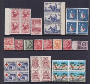 PAGE OF AUSTRALIAN PRE-DECIMAL STAMPS VARIETY OF BLOCKS PAIRS & SINGLES MUH #3 - Picture 1 of 1