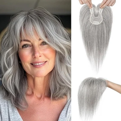 Gray 100% Real Human Hair 10in Clip In Wispy Bangs Hair Topper - Image 1 of 4
