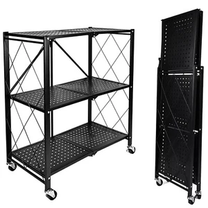 3 Tier Folding Storage Rack Heavy Duty Metal Bookshelf Shelving Unit with Wheels - Picture 1 of 16