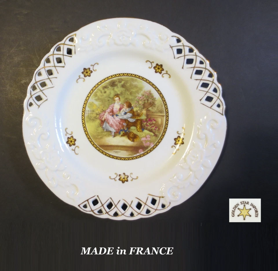 DOS (2) PLACAS DE PORCELANA DORADA ORO 24KT RETICULADO 8" RETRATO VICTORIANO FRANCIA Foto 1 de 4