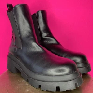 Zara Black Leather Chunky Lug Sole Platform High Ankle Chelsea Boot Sz 9 - Picture 1 of 7