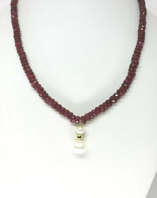 14k Yellow Gold Ruby and White Freshwater Pearl Beaded Necklace 18" - Image 1 of 3