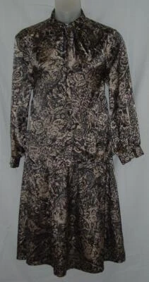 Vintage Black Print Sz 16 Church Office Skirt & Neck Tie Blouse 2 Pc Silky Set - Image 1 of 4