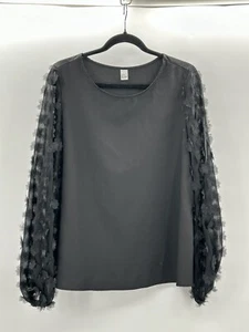Women’s Flowy Sheer Flower Appliqué Shirt Black Size Medium EUC POLY BLEND - Picture 1 of 7