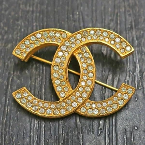 CHANEL Gold Plated CC Logos Rhinestone Vintage Pin Brooch #726c Rise-on - Picture 1 of 7