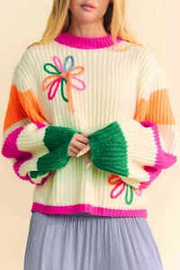 Beige Colorblock Flower Print Cable Knit Loose Sweater - Picture 1 of 20