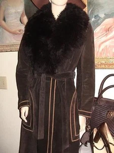 vtg 70s groovy ILGWU brown suede coat fur lined sheepskin collar tie belt 10 M - Picture 1 of 1
