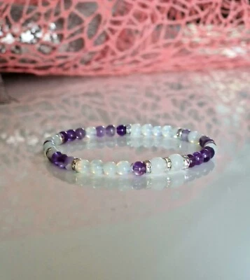 Mondstein +Amethyst und Opal Perlenarmband Armband Positive Energie Steine 4mm - Bild 1 von 4