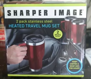 SHARPER IMAGE Heated Travel Coffee Mug Stainless Steel 2 Pack No Spill Plug In - Picture 1 of 6