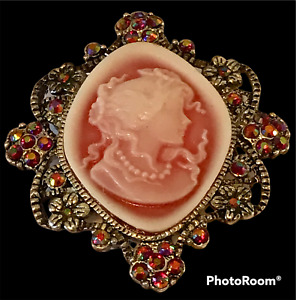 Pink Cameo Brooch with Red AB Crystal Rhinestones Large 2" x 1.75"
