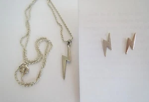 Sterling Silver LIGHTNING BOLT Pendant Necklace & Stud Earrings Set 16" Chain - Picture 1 of 8