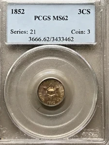 1852 3C Silver Trime PCGS MS62 Beautiful Condition Harshly Graded Type Coin - Picture 1 of 4