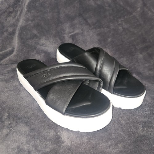 SANDALO DONNA US 11 UGG ZAYNE CROSSBAND PELLE NERA PLATEAU SLIDE