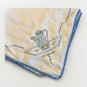 Vintage Hand Embroidered 30” Square Tablecloth Lace Coffee Pot Cottagecore - Picture 1 of 5