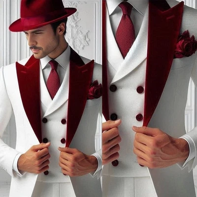 Men Suits White 3 Piece Slim Fit Two Button Wedding Groom Party Wear Coat Pant - Изображение 1 из 4