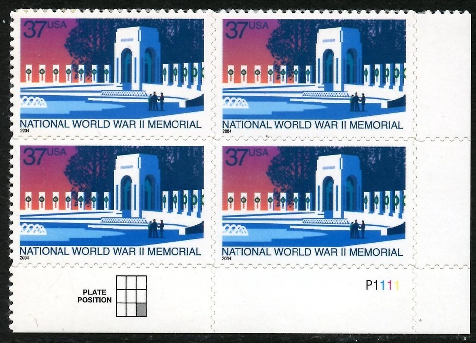 US 3862, 2004 37c WW II MEMORIAL, LR PBOF4, MNH (US853K) - Image 1 of 1