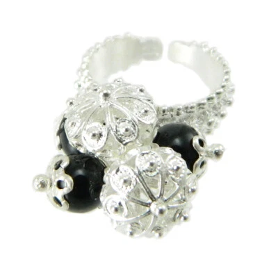 Anello Su Coccu fede sarda in argento con 2 pendente bottone e 3 pietra nera  - Immagine 1 di 2