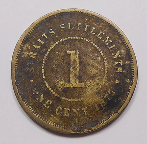 Straits Settlements 1875 Cent VG British Crown Victoria Copper Looks Brass Coin - Picture 1 of 2