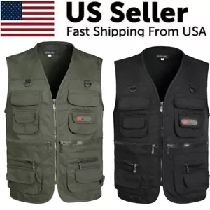 Mens Cargo Multi Pocket Utility Vest Fishing Hiking Camping Gilet Waistcoat Tops - Picture 1 of 31