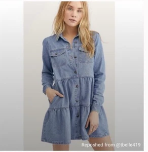 Free People Nicole Boho Long Sleeve Babydoll Tiered Denim Mini Dress Size XS - Picture 1 of 11