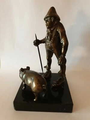 Metall Figurengruppe Bauer mit Schwein Auf Steinsockel Bronziert regule  - Bild 1 von 4