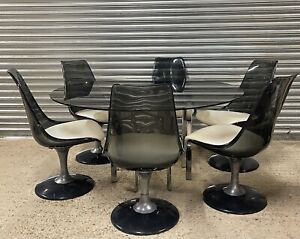 Stunning Original 1970’s Retro Smoked Glass Dining Table with 6 Tulip Chairs