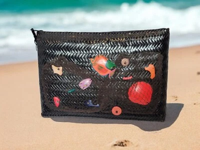 Cartera clutch vintage Oggi Domani tejida red de pesca de mimbre concha marina náutica 14"  Foto 1 de 4