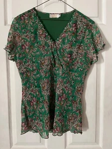 Krizia Green w Flowers Lined V Neck Cap Sleeve Blouse Top Womens  XL - Picture 1 of 4