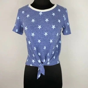 Alternative Apparel S Blue Stars Print White Trim Tie Front Cropped Tee JU - Picture 1 of 12