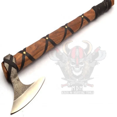 Custom Hand Forged Ranger Viking Axe Wood Leathers outdoor tactical camping tool - Image 1 of 4